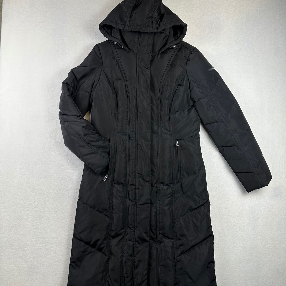 Calvin Klein Puffer Coat Women XS Black Hooded Long Down Leopard Print Winter